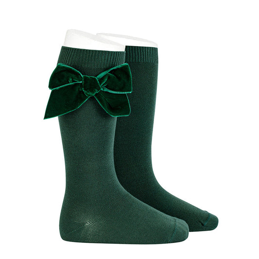 Velvet Bow Knee High Socks - Pine