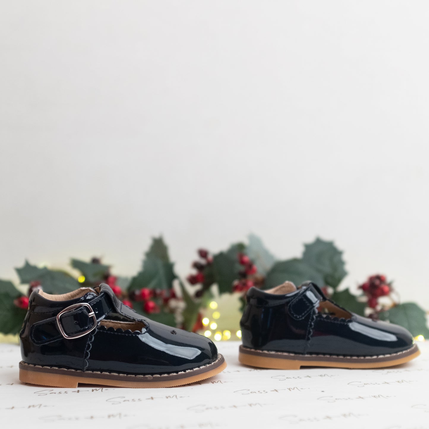 Scallop T Bars - Navy Patent Christmas